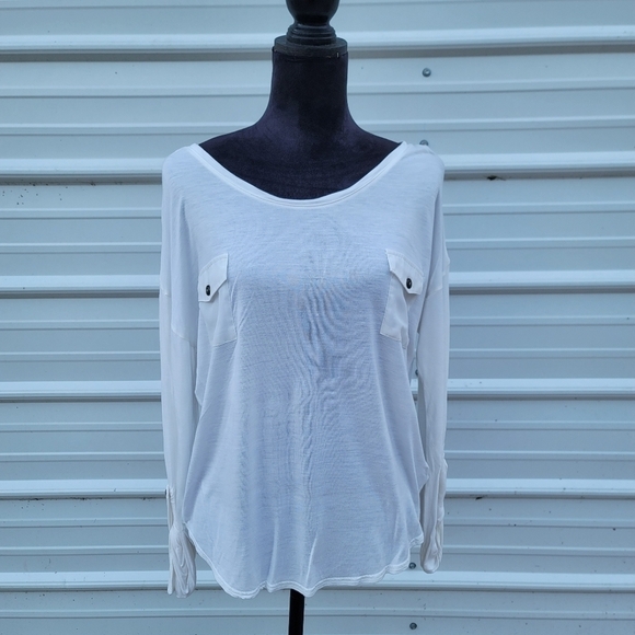 Mine Women's Long Sleeve Blouse Button Down Shirt Top Pockets Size L Solid White - Picture 1 of 9